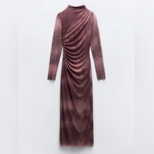 Zara Dresses | Midi long Sleeve Tulle Ruched Dress with sheer sleeves in Mauve